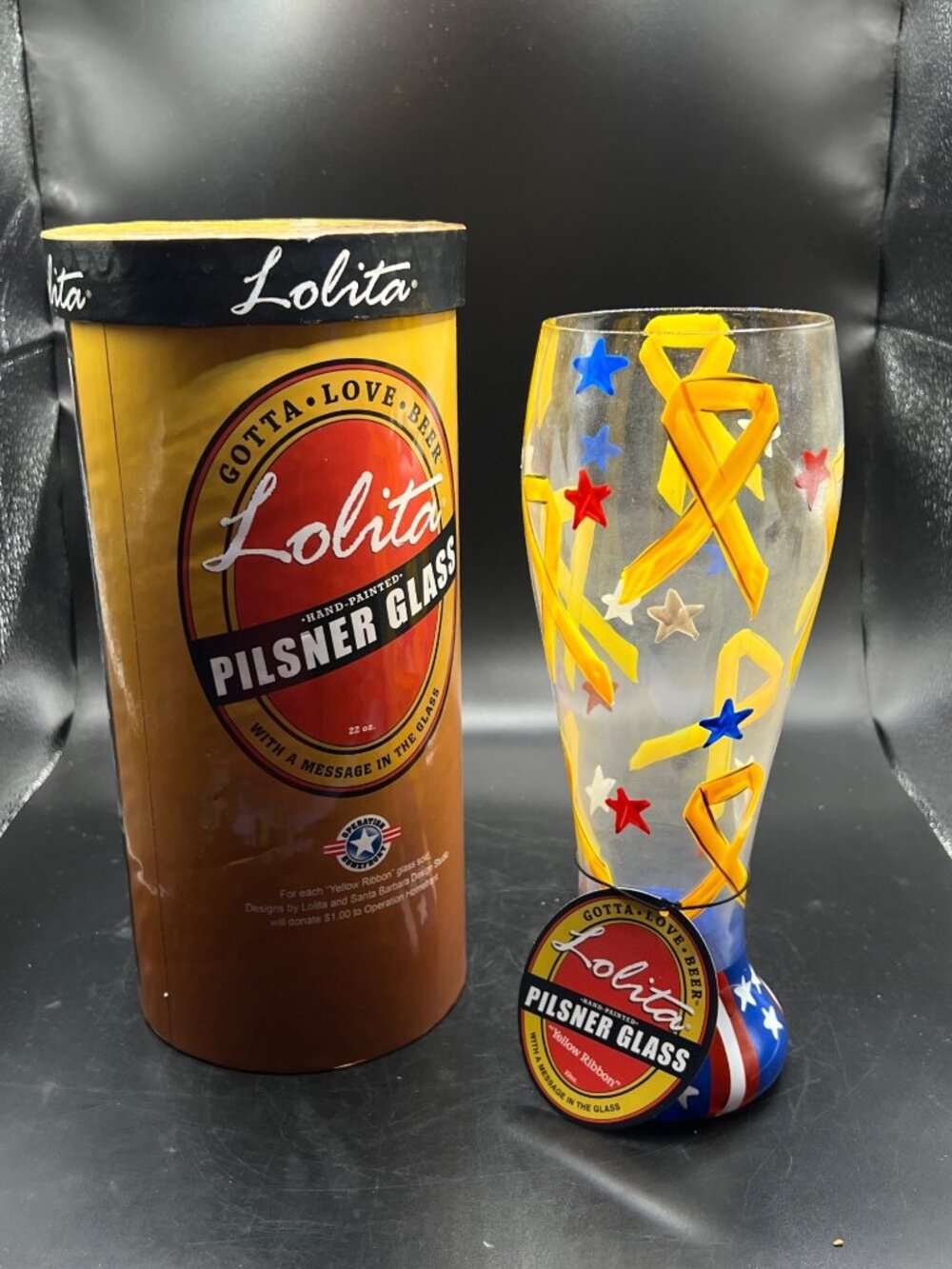 Lolita Hand-Painted Pilsner Glass Yellow Ribbon 22 Oz With Box